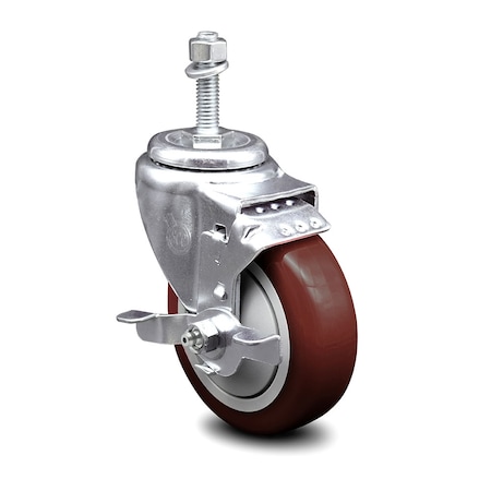 Service Caster 4 Inch Maroon Polyurethane Wheel Swivel 10mm Threaded Stem Caster with Brake SCC-TS20S414-PPUB-MRN-TLB-M1015